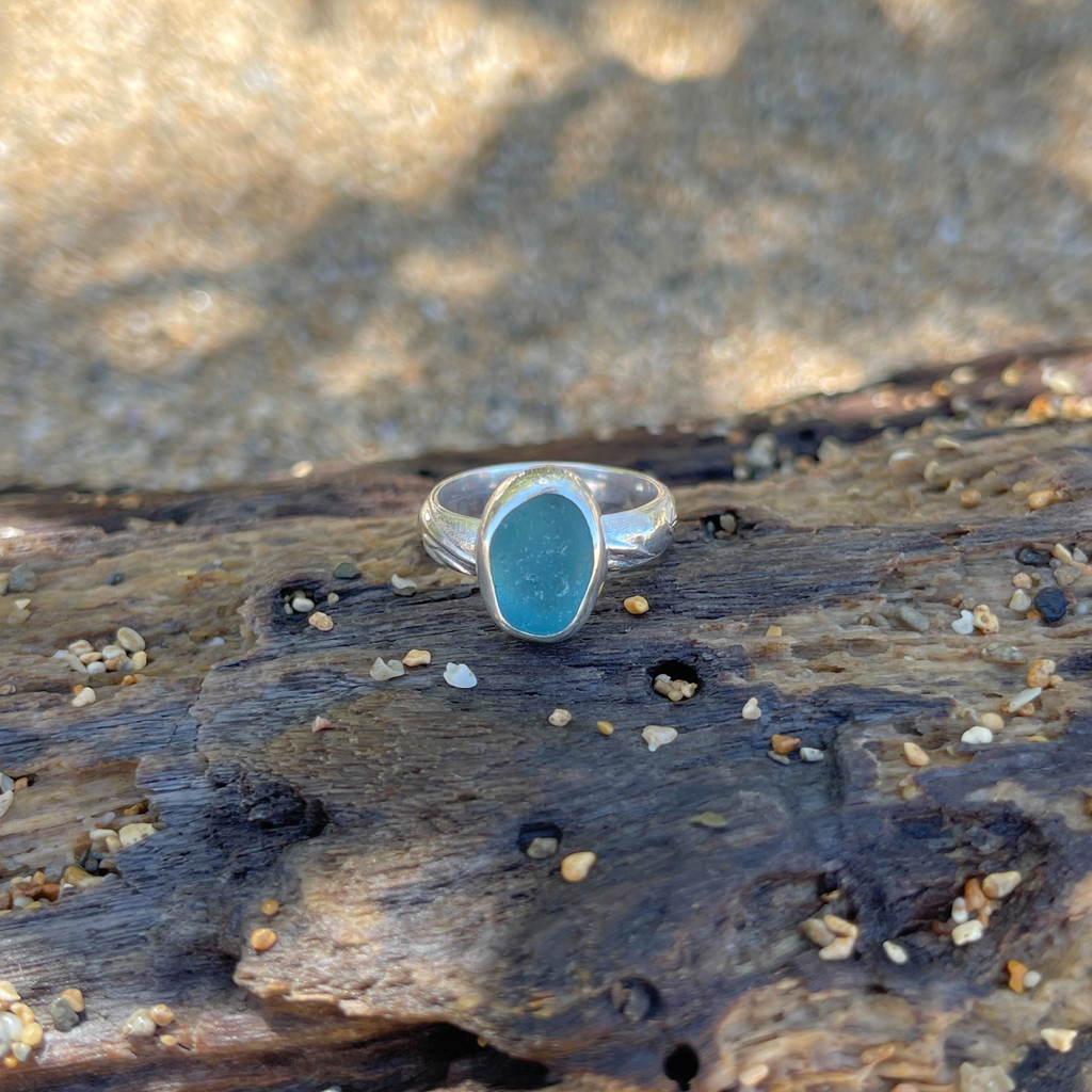 Sterling silver bezel set blue sea glass ring handmade by Brianne & Co.
