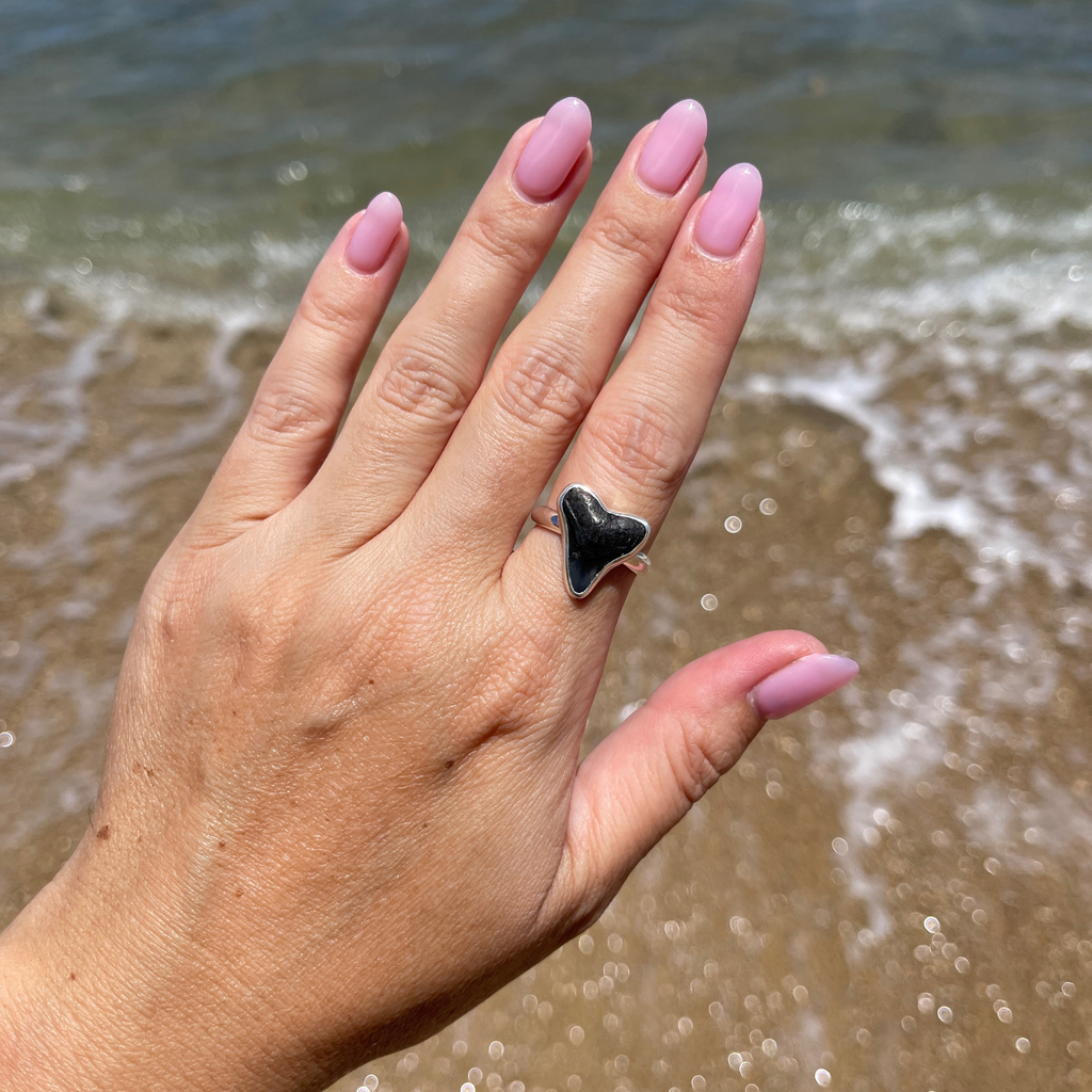 Sterling silver fossilized shark tooth ring handmade on Kauai by Brianne & Co. 