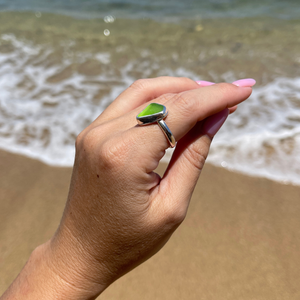 Sterling Silver Lime Green Sea Glass Ring Size 8