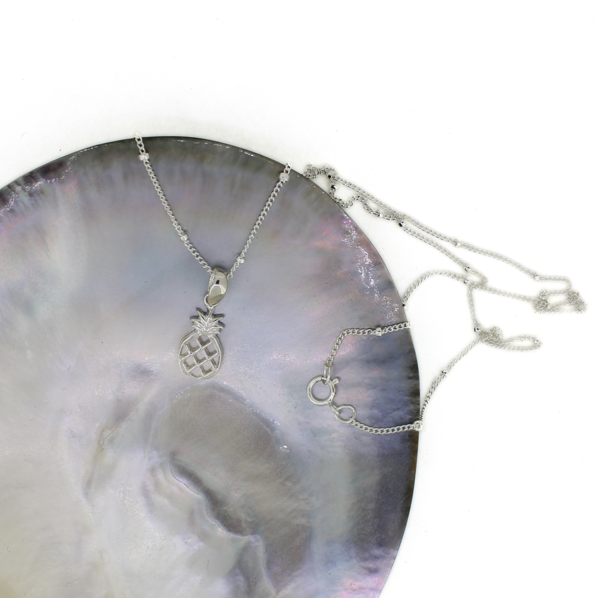 Silver necklace with a pineapple pendant on our popular 18" sterling silver satellite chain