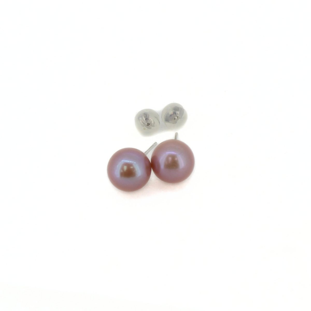 A pair of stud earrings featuring round, lustrous iridescent purple pearls on silver posts, set against a plain white background.