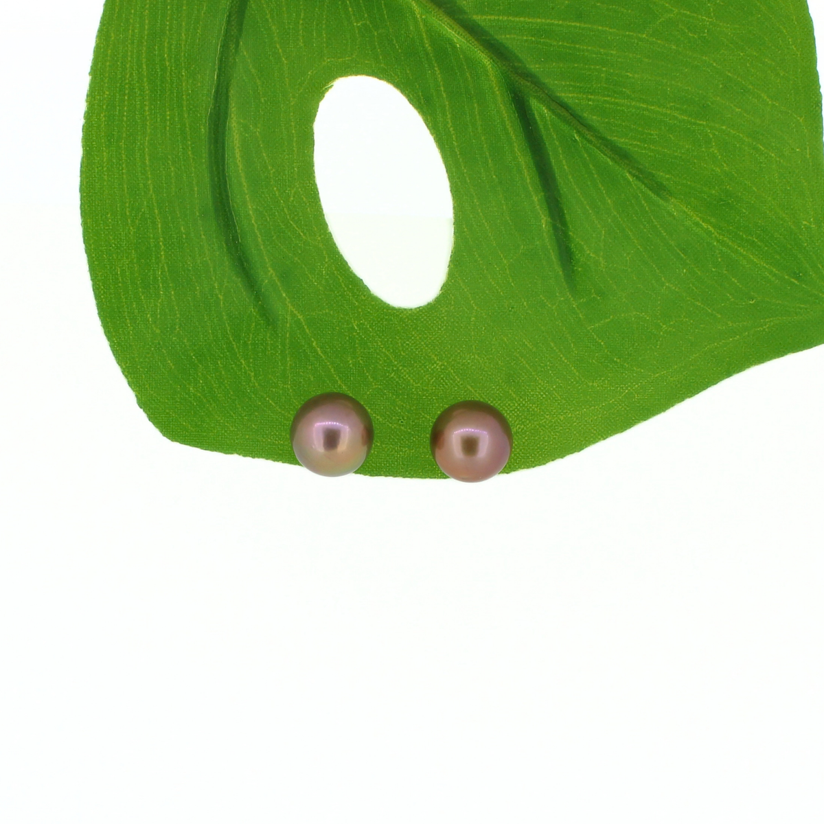 A pair of round freshwater pearl stud earrings with a pinkish-purple luster, displayed on a green leaf prop against a white background.