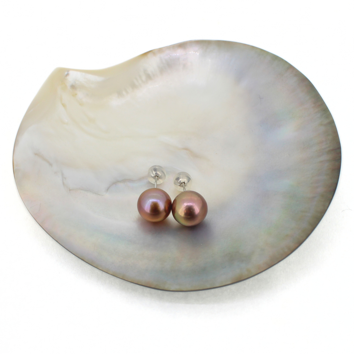 A pair of pearl stud earrings with iridescent pinkish-gold pearls on silver posts, displayed on a large iridescent shell dish against a white background.