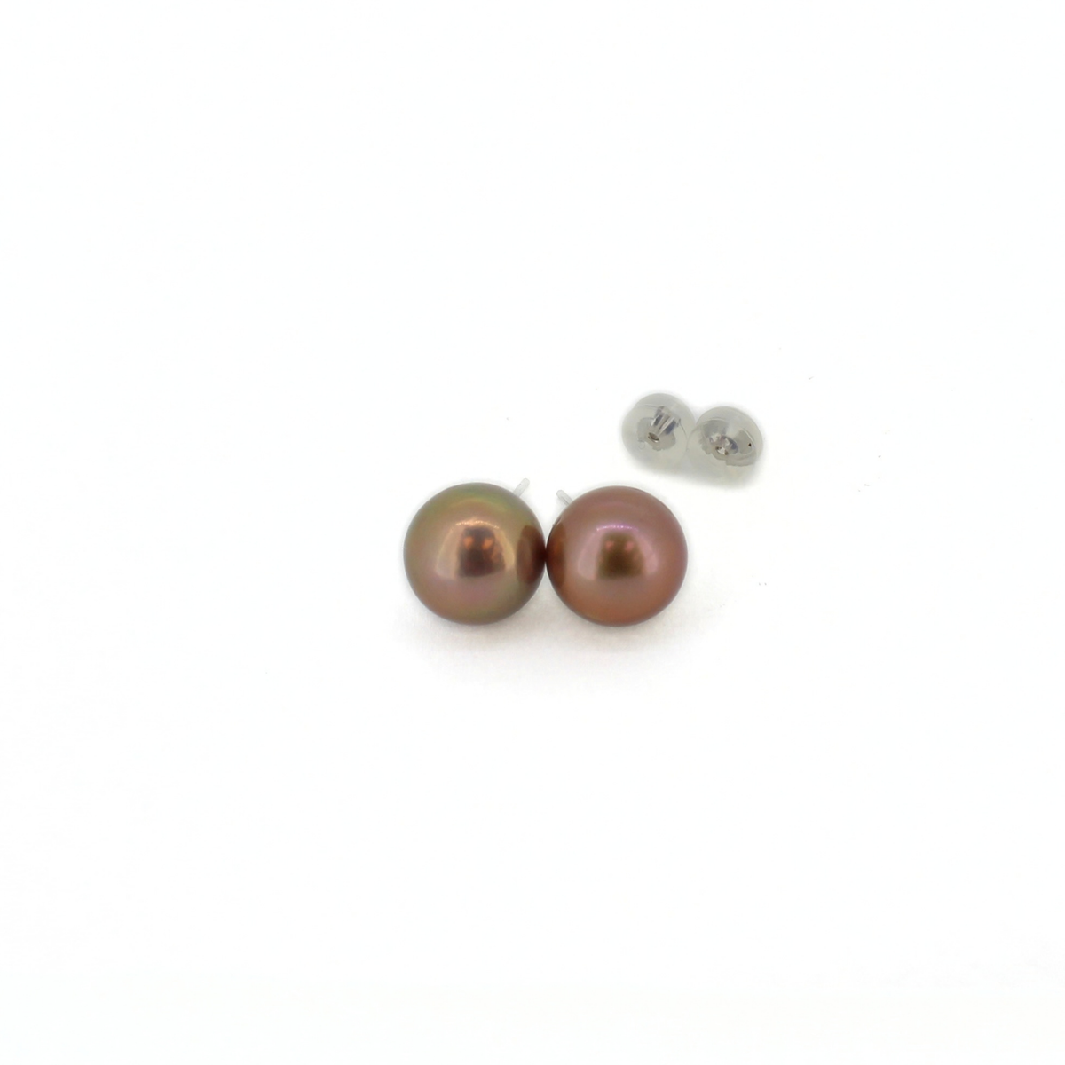 A pair of round freshwater pearl stud earrings with silver posts, displayed on a clean white background. One earring is shown from the front displaying a pearlescent olive-brown color, while the other is shown from the side/back displaying its silver backing.