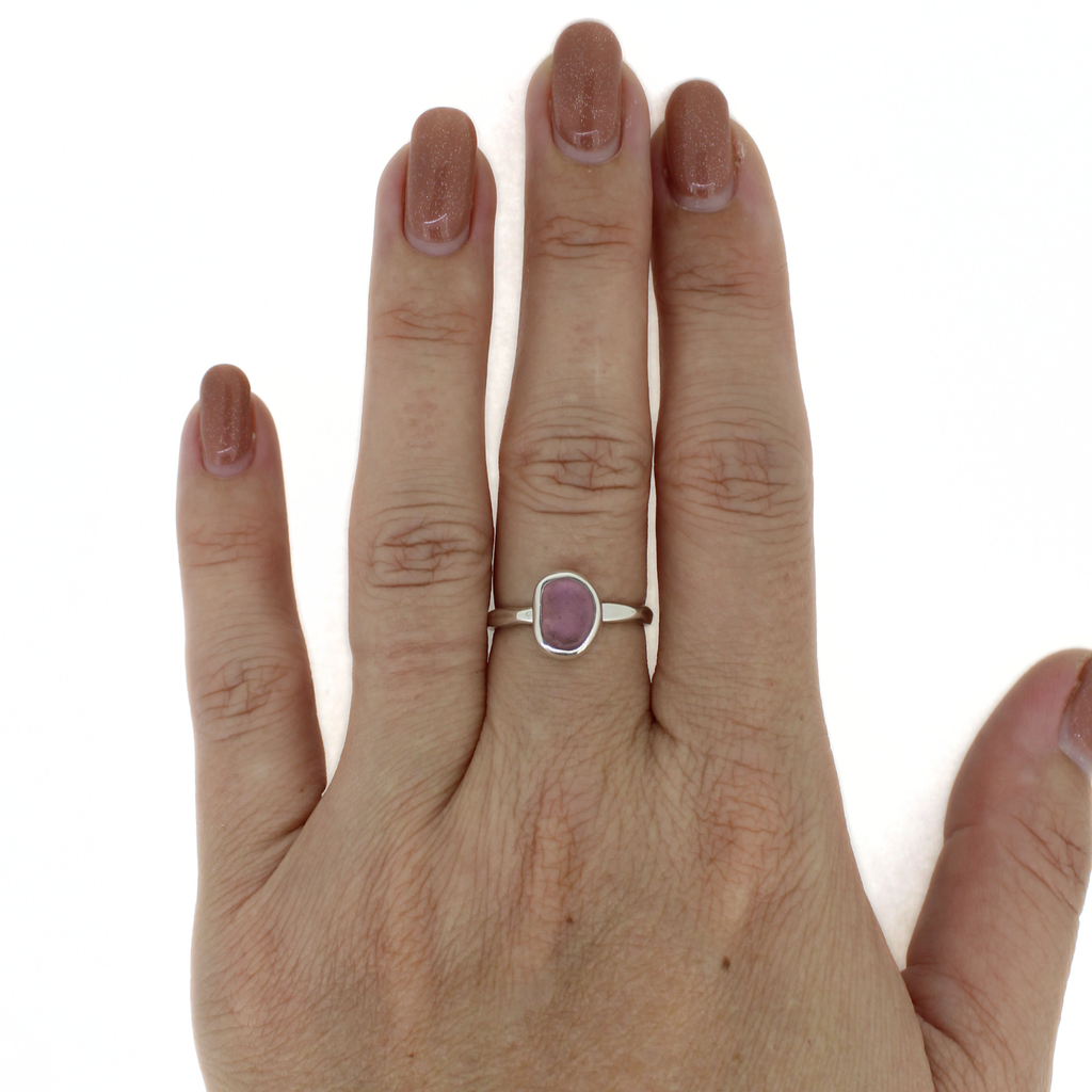 Brianne & Co. sterling silver purple sea glass ring size 6 on hand model