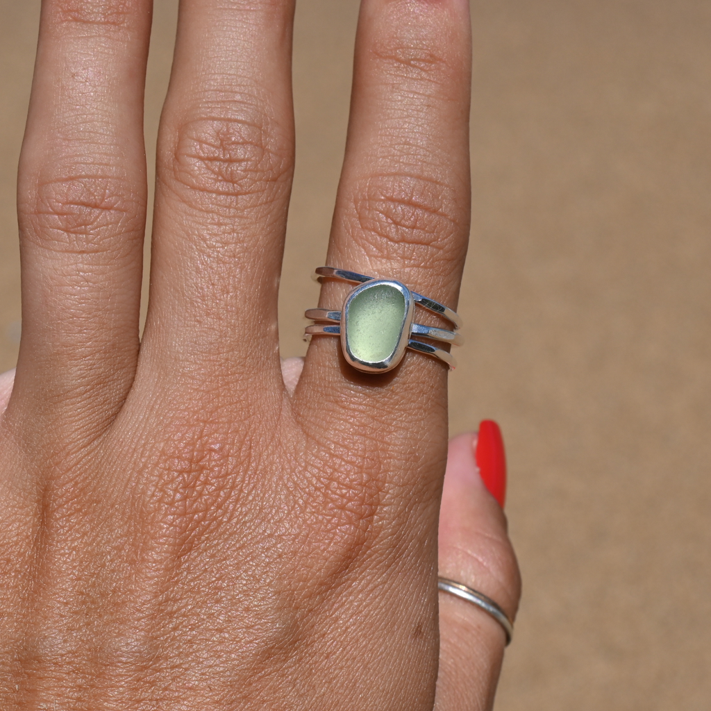 Sterling Silver Sea Foam Green Sea Glass Ring with Textured Bands Size 10