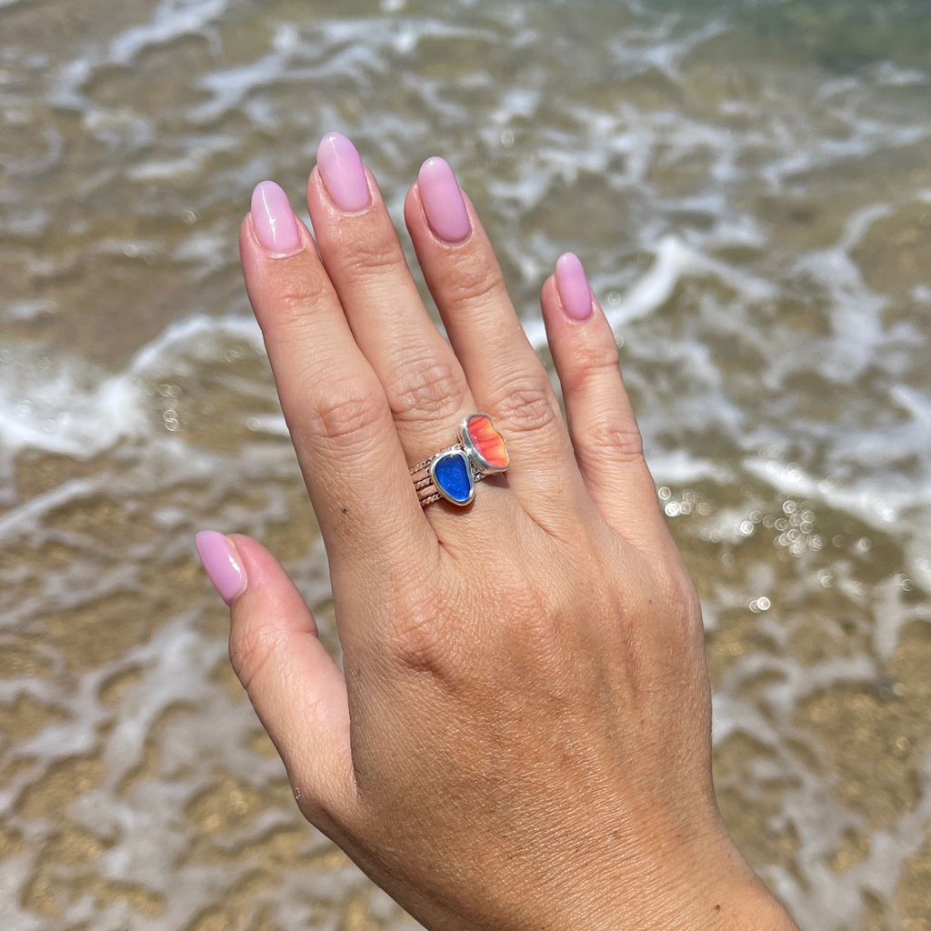 Sterling Silver Sea Glass & Sunrise Shell Ring Set – Set of 5 (Size 7)