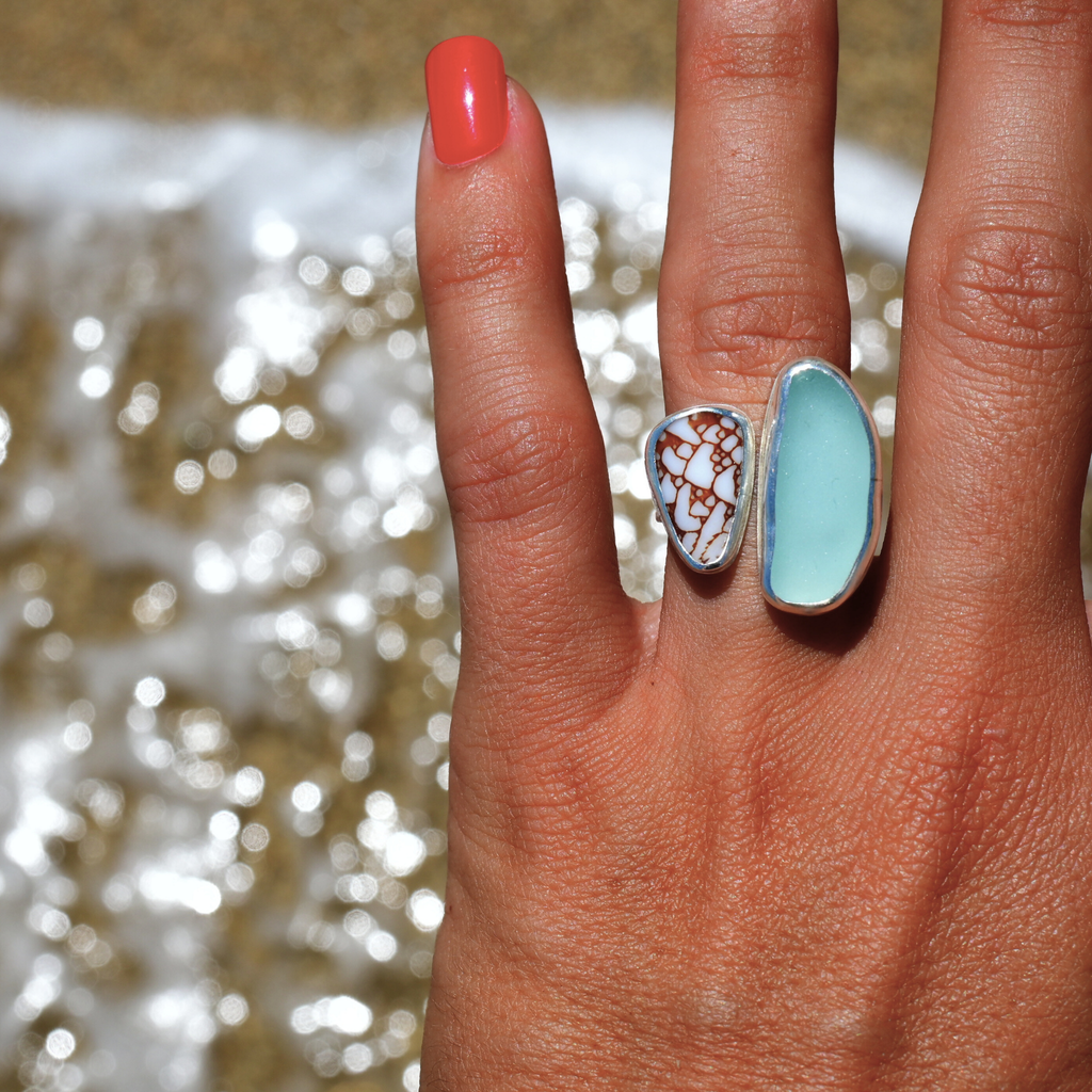 Sterling silver textile cone shell and blue sea glass cuff style ring made on Kauai by Brianne & Co.