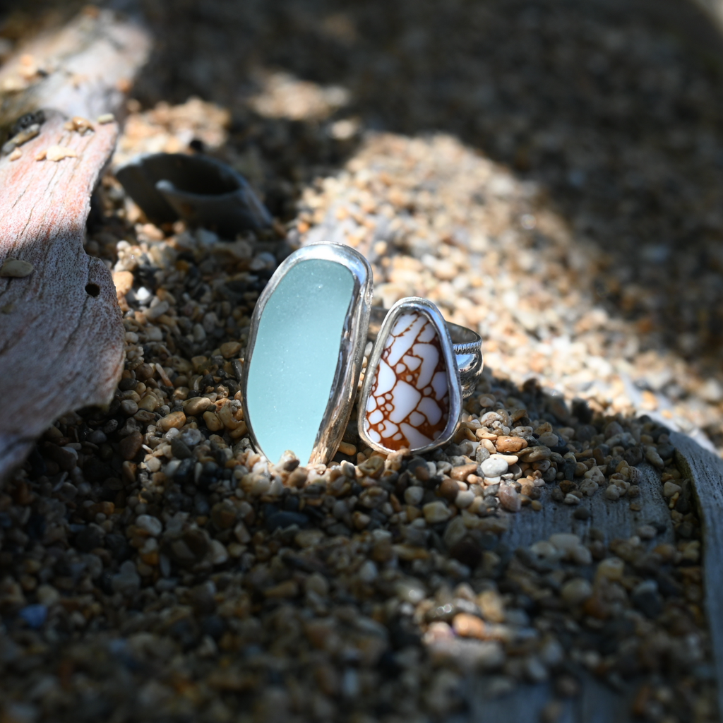 Sterling Silver Textile Cone Shell & Blue Sea Glass Cuff Ring Size 7