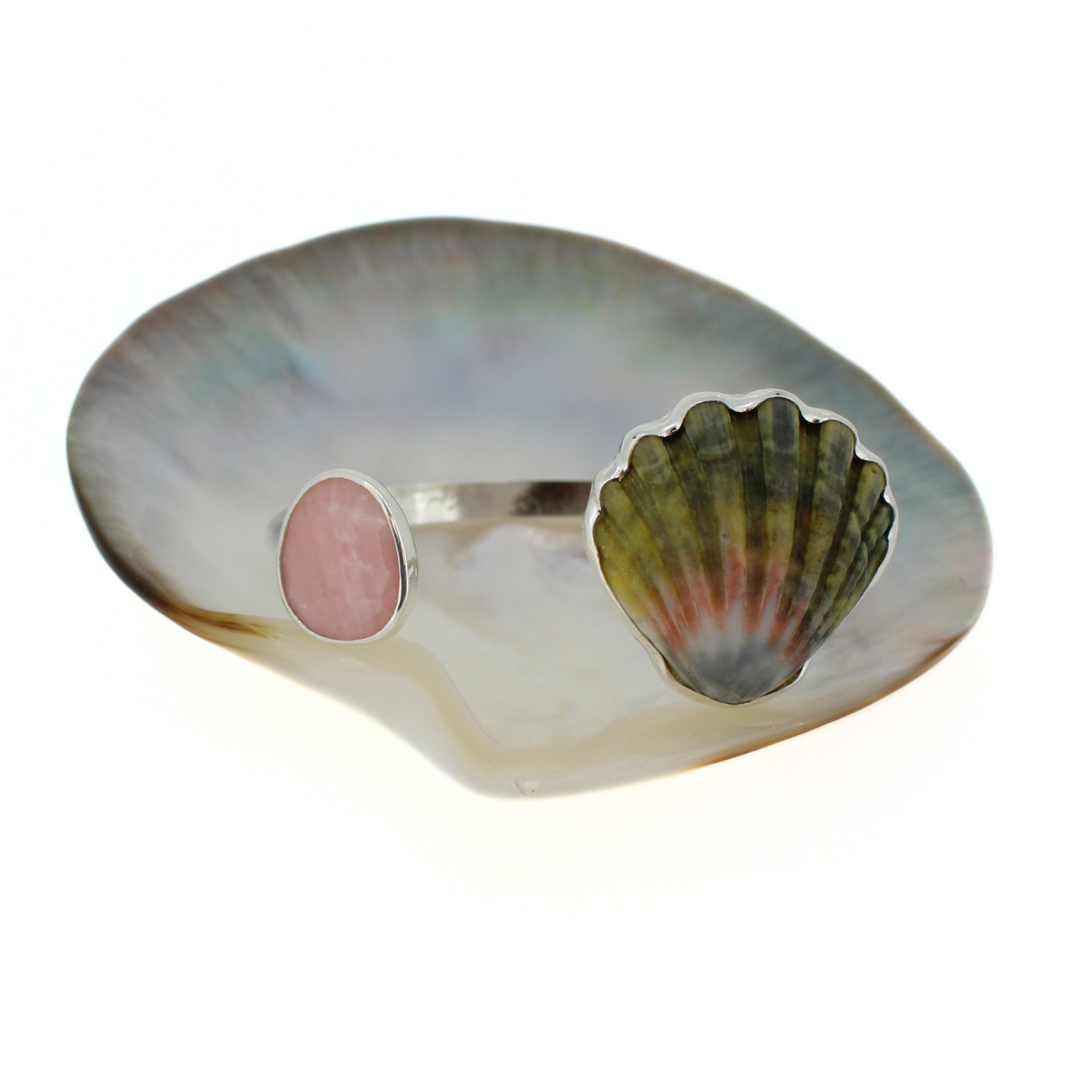 Brianne & Co. sterling silver dark green sunrise shell and faceted pink opal cuff bracelet