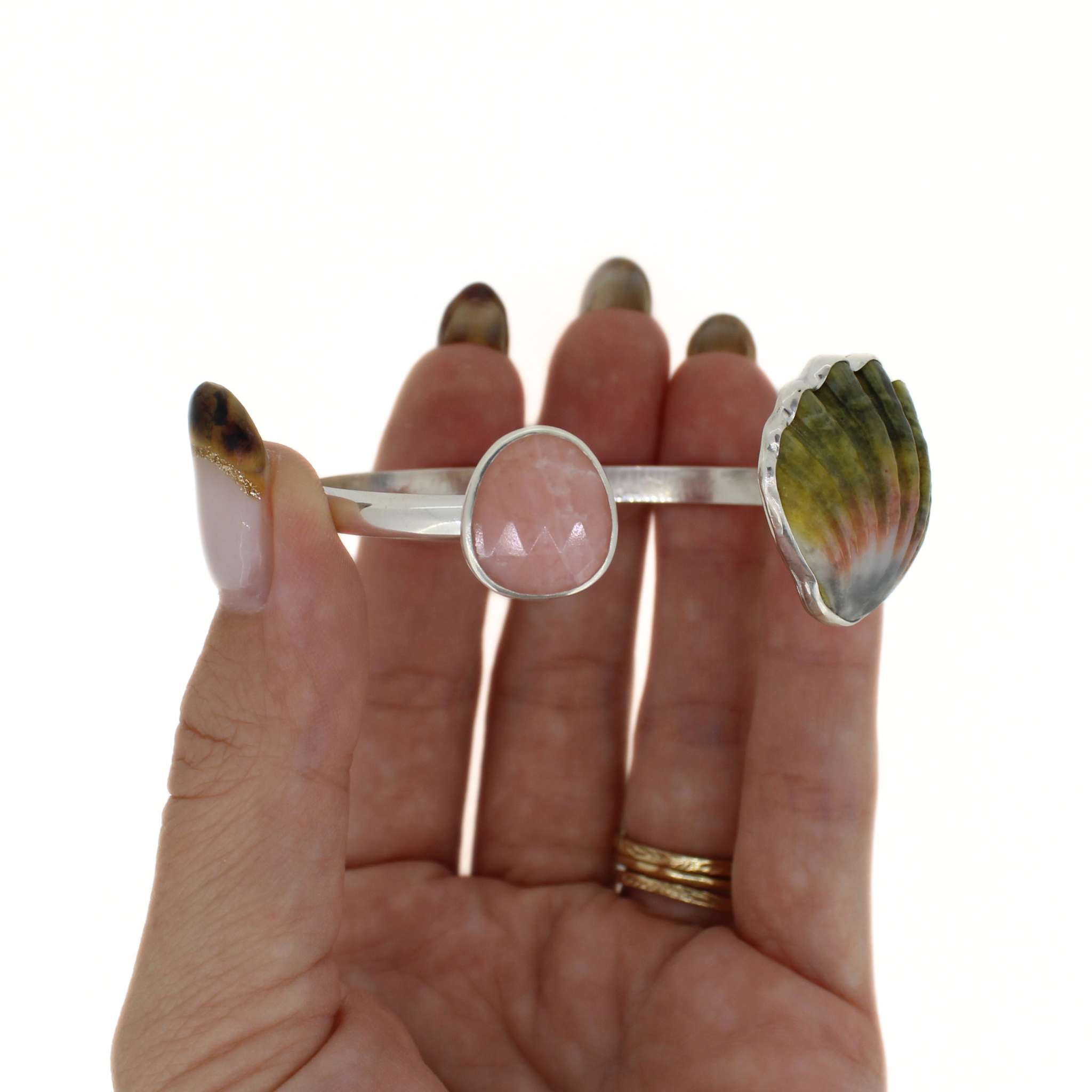 Silver Sunrise Shell & Pink Opal Cuff