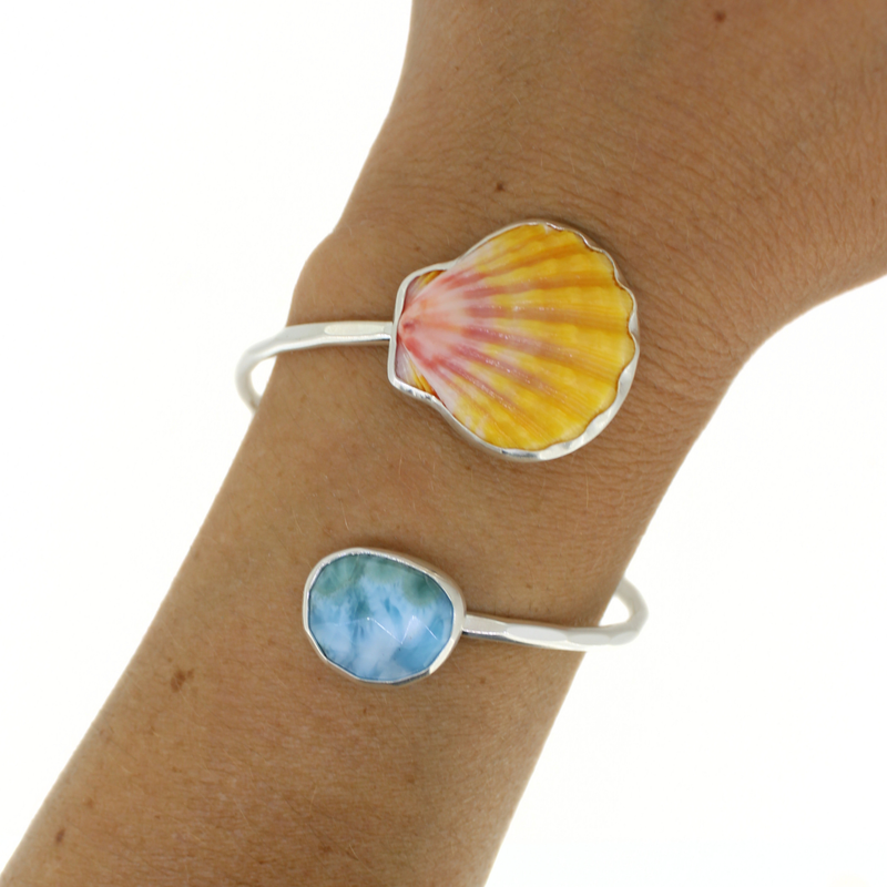 Sterling silver Hawaiian sunrise shell and blue larimar bypass style cuff bracelet handmade by Brianne & Co.