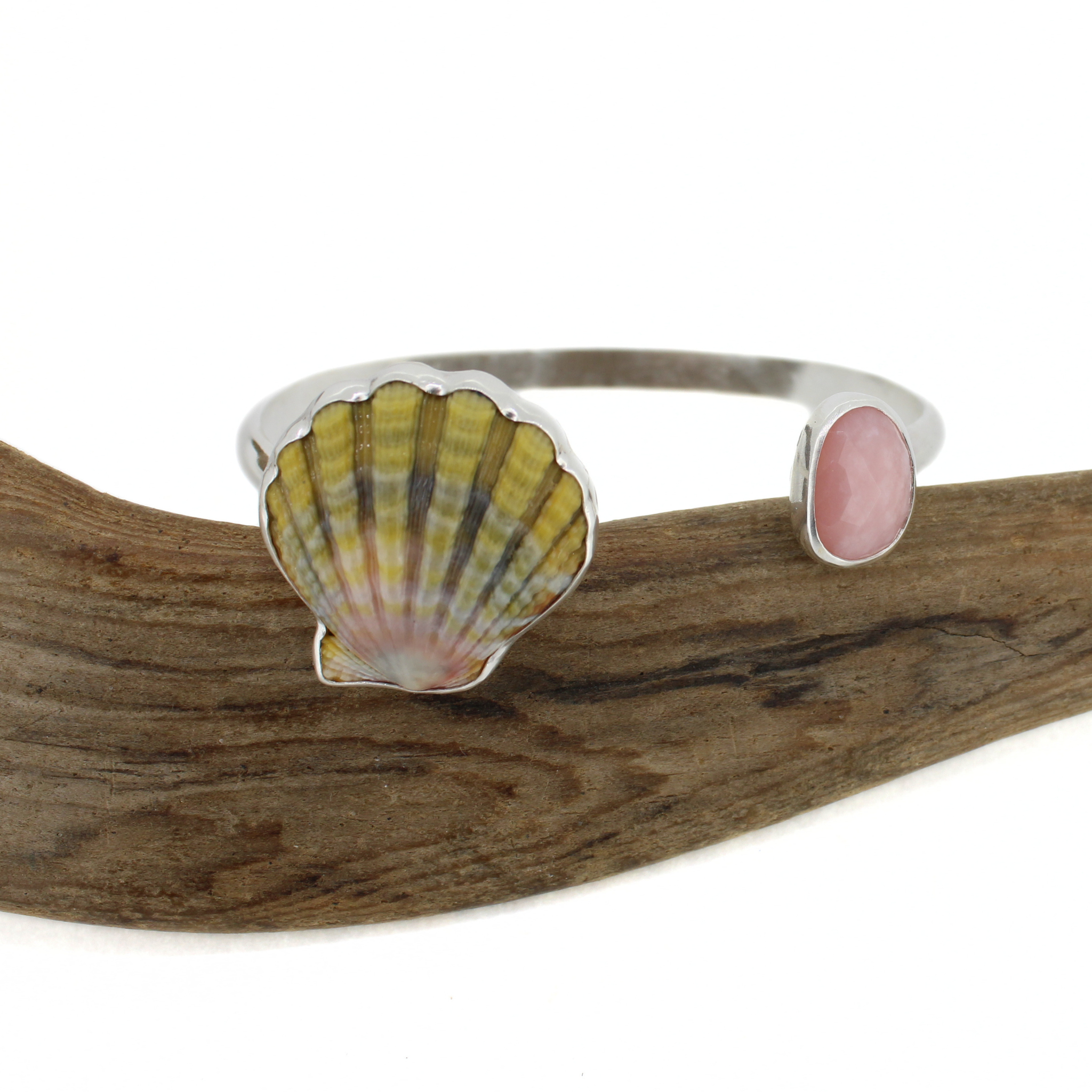 Silver Sunrise Shell & Pink Opal Cuff