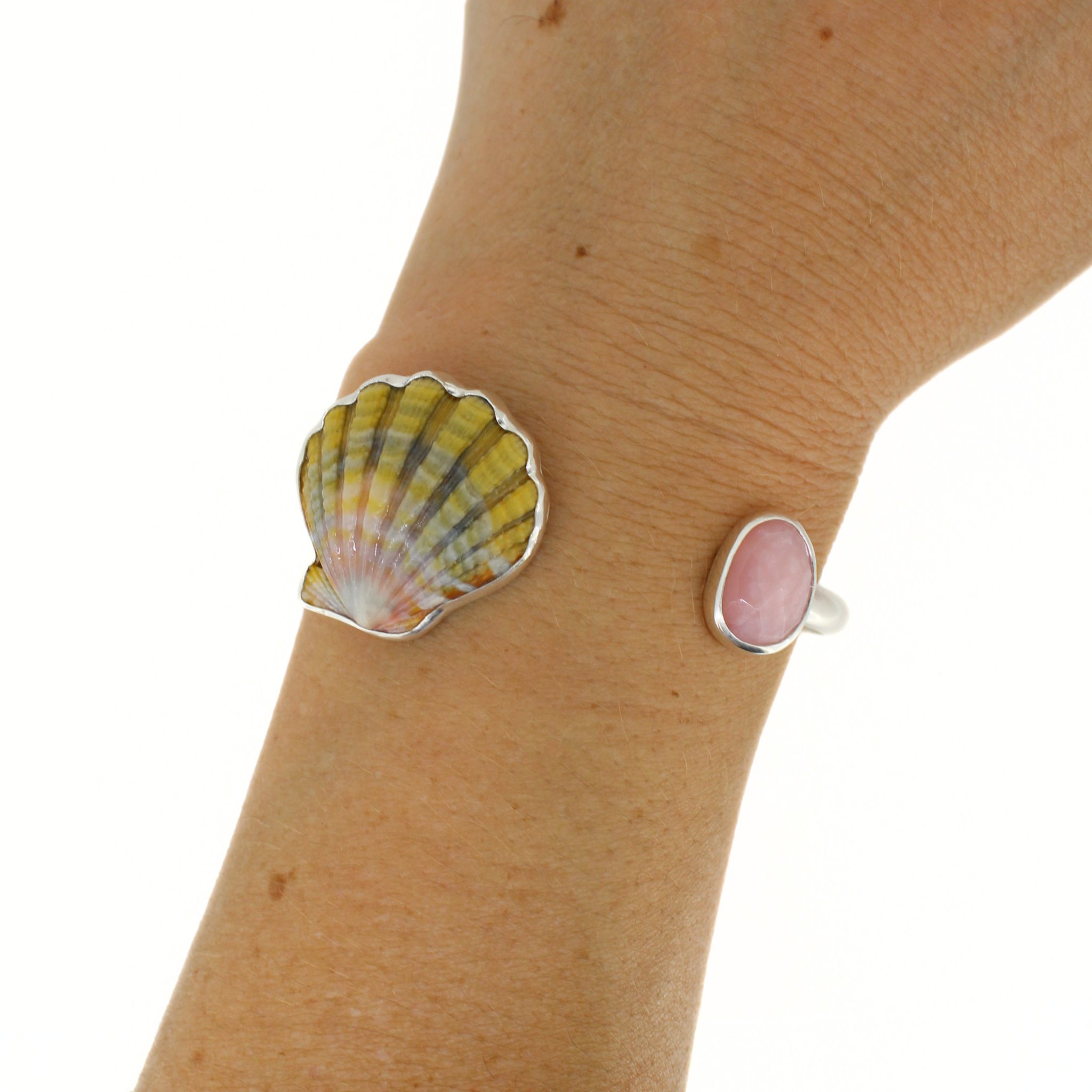 Silver Sunrise Shell & Pink Opal Cuff