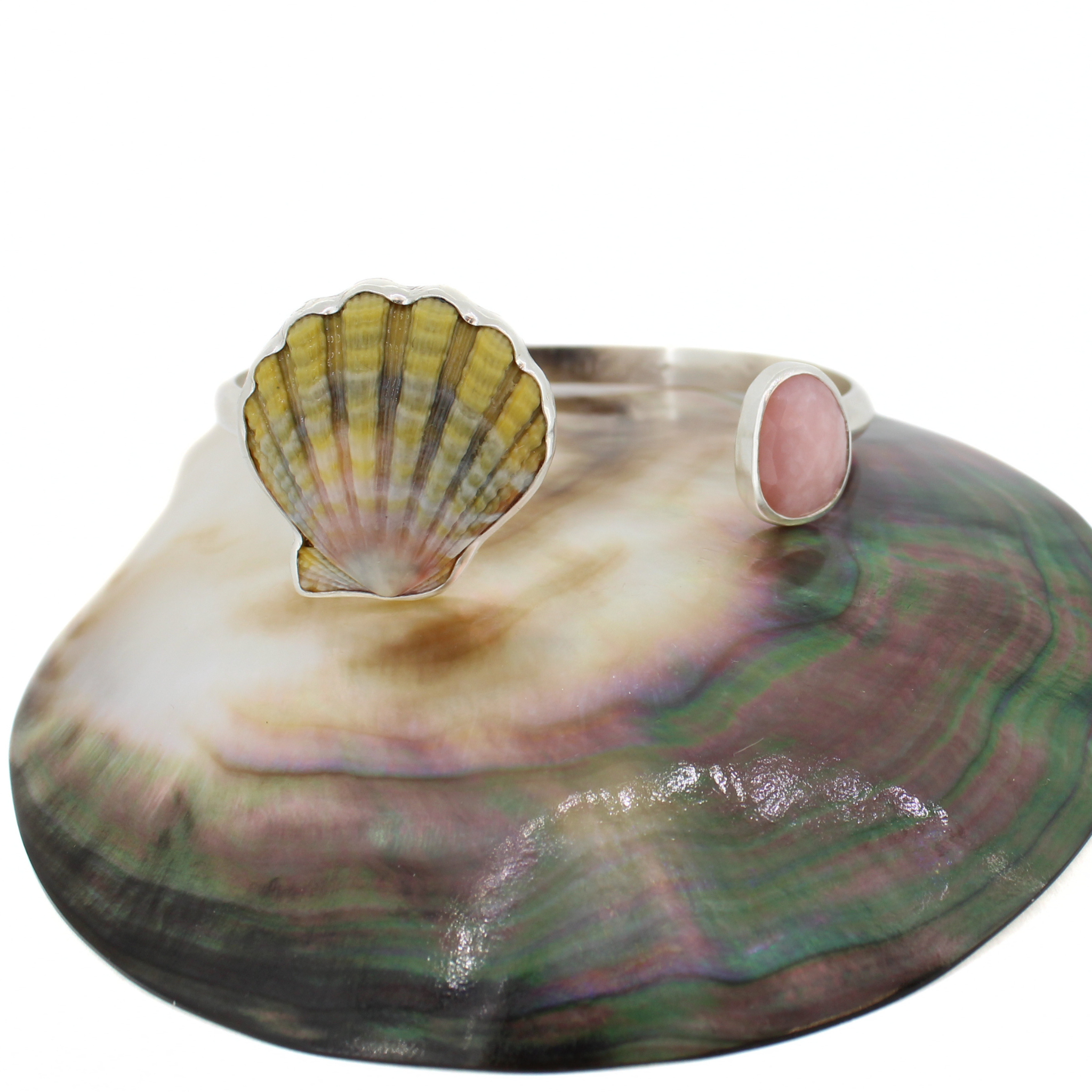 Brianne & Co. sterling silver sunrise shell and faceted pink opal cuff bracelet
