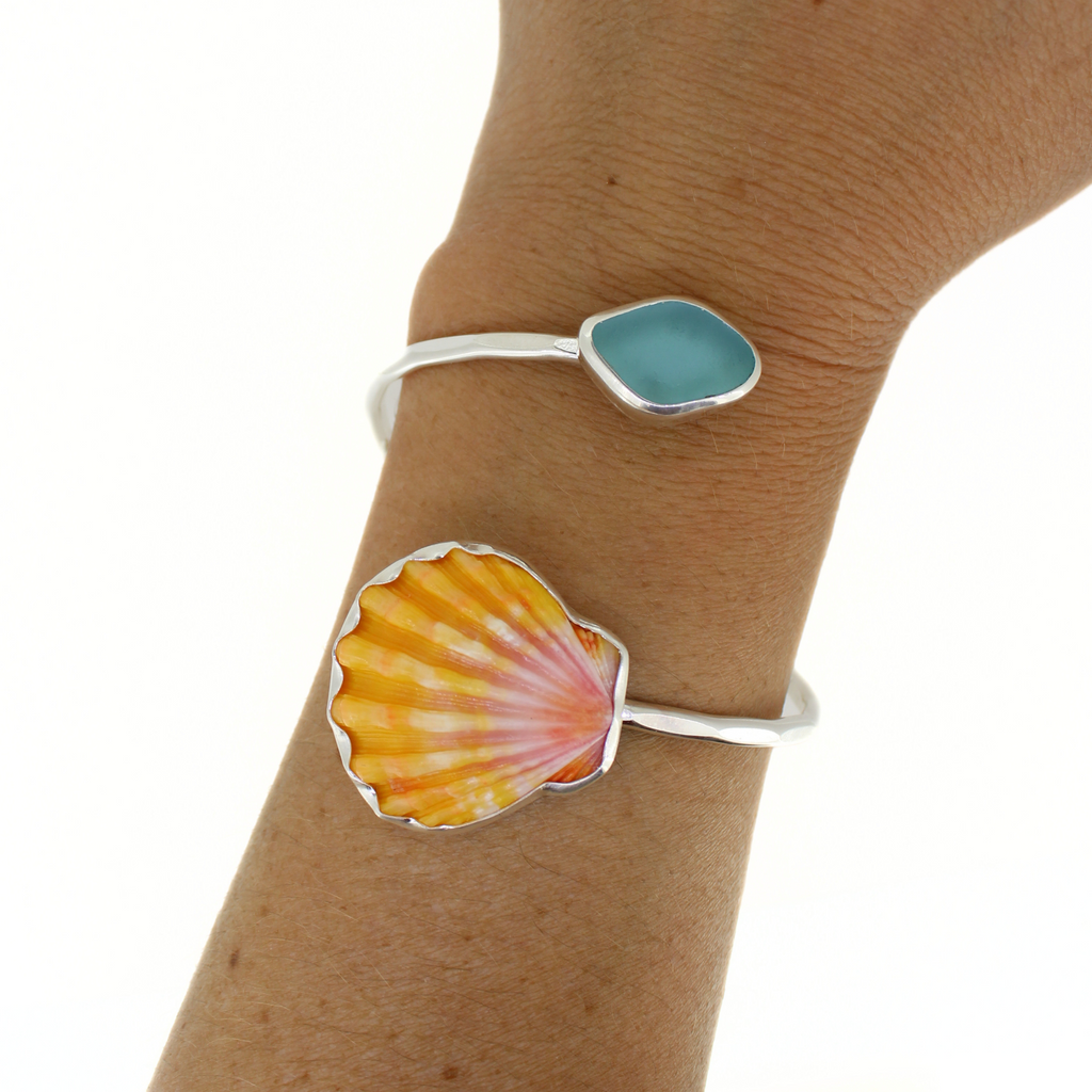 Brianne & Co. sterling silver sunrise shell and sea glass cuff on wrist