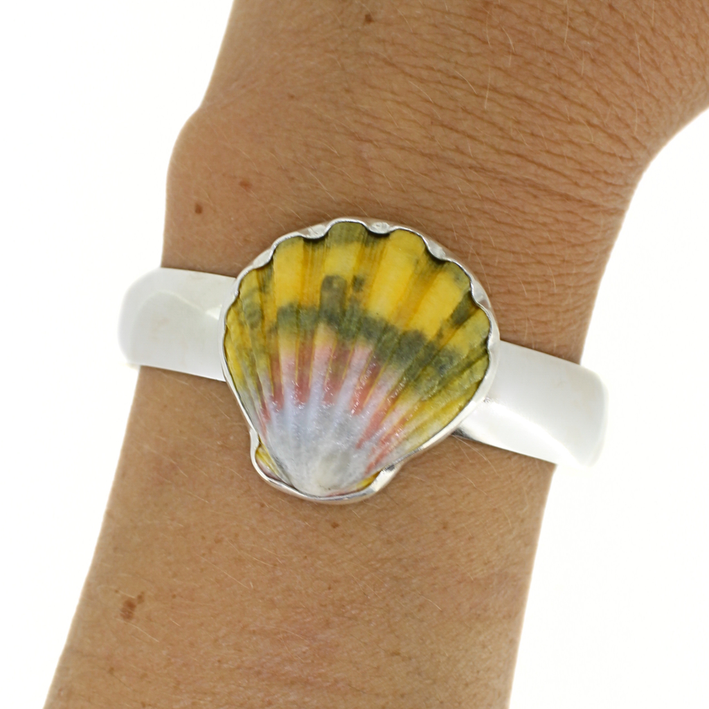 Brianne and Co. Sterling Silver Sunrise Shell Statement Cuff on a wrist