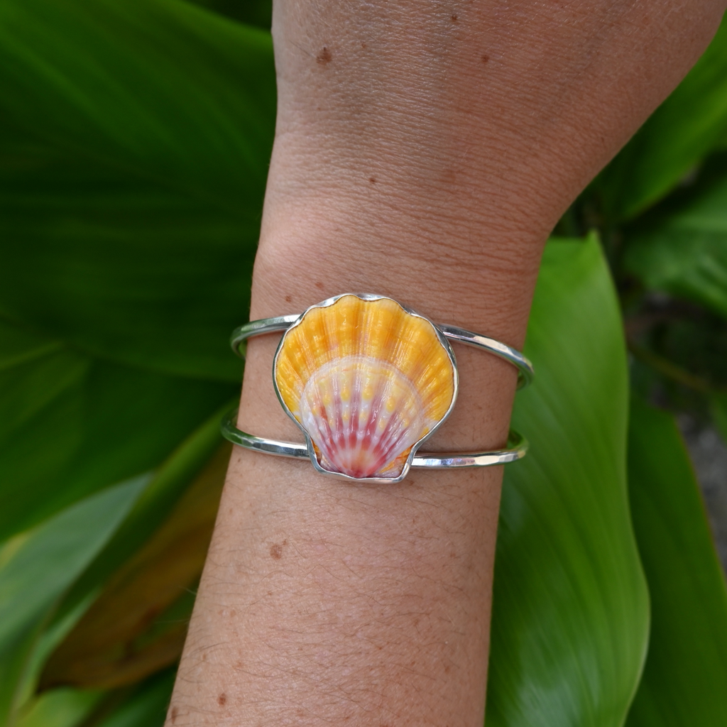 Sterling silver sunrise shell statement cuff bracelet handmade by Brianne & co.