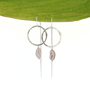 Brianne & Co. sterling silver threader hoop earrings with pink Edison keshi pearls front view