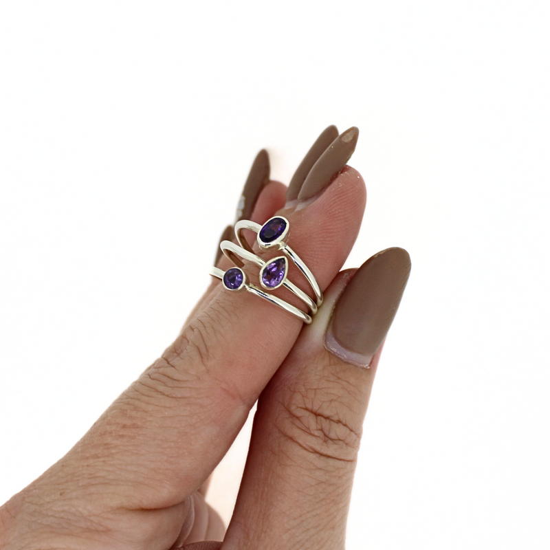 Brianne & Co. sterling silver amethyst ring set close up front view