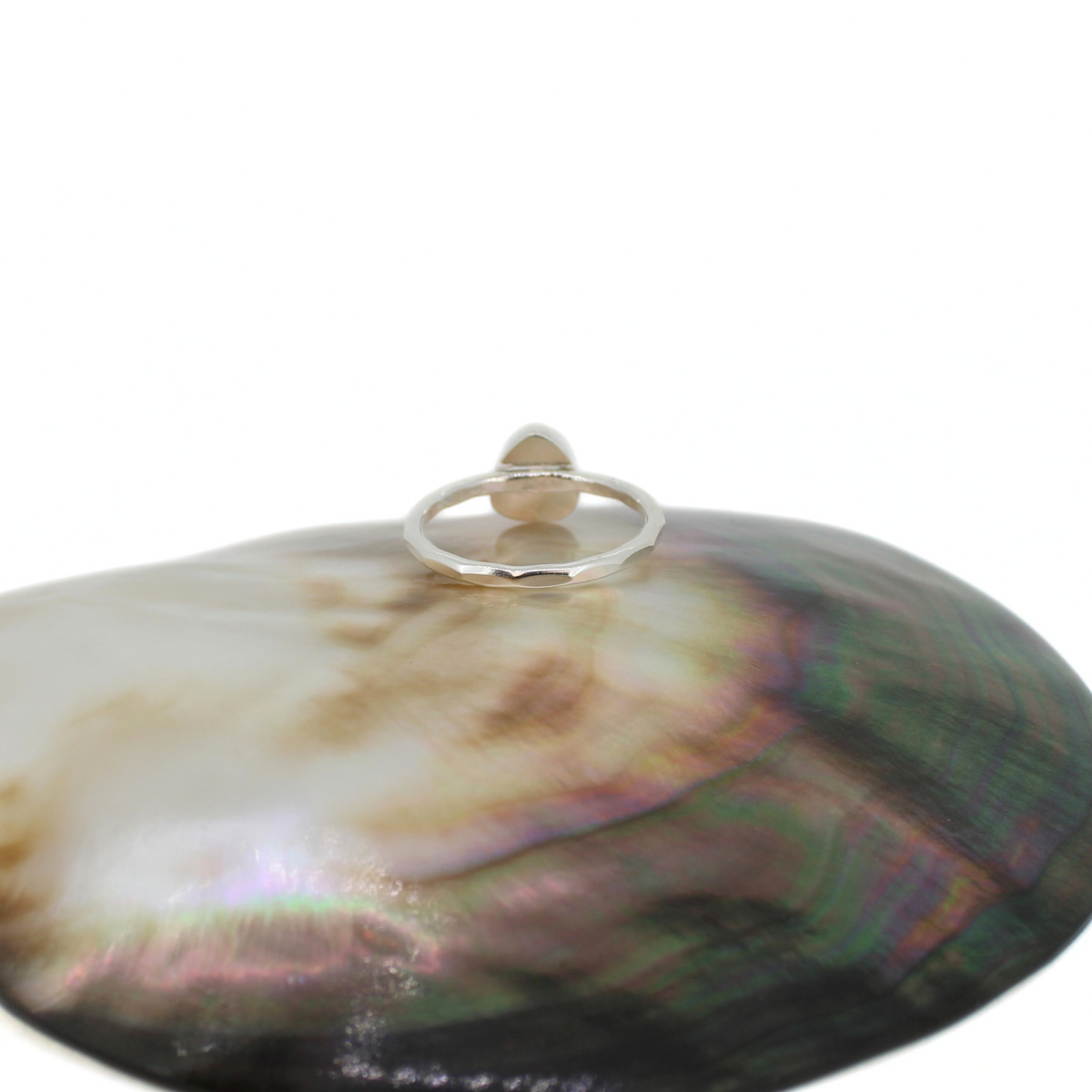 A silver ring with a hammered textured ring band, displayed on a large iridescent abalone shell against a white background.