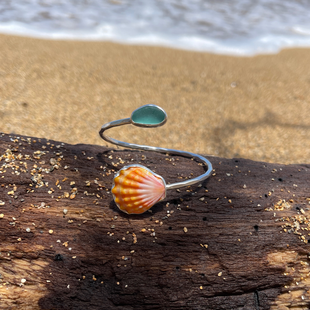Sterling Silver Sunrise & Sea Glass Bypass Cuff Size Small