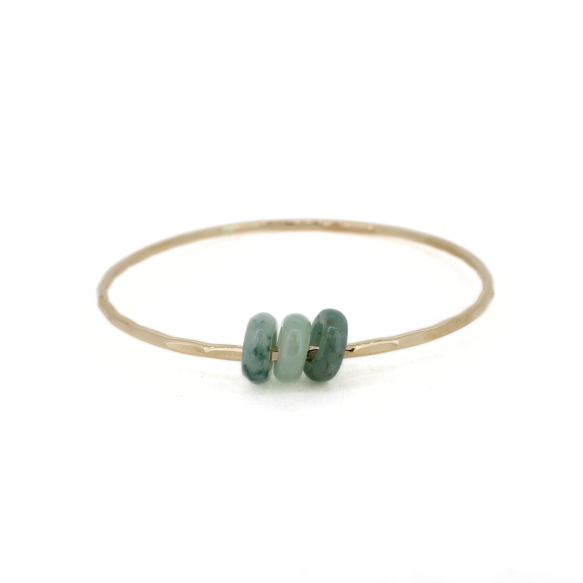 Brianne & Co. 14k gold fill hammered bangle bracelet with 3 genuine green jade donut shaped beads