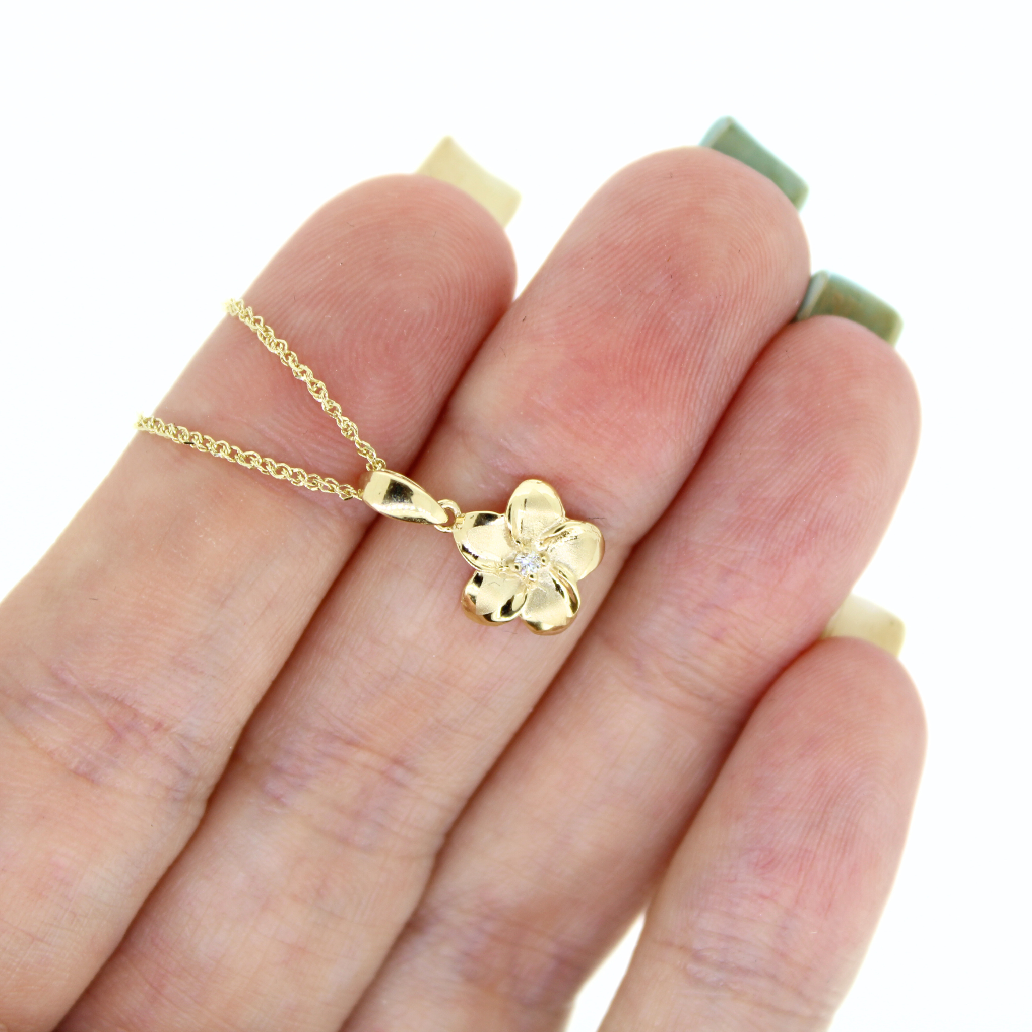 Brianne & Company 14k gold plumeria pendant on baby rope chain