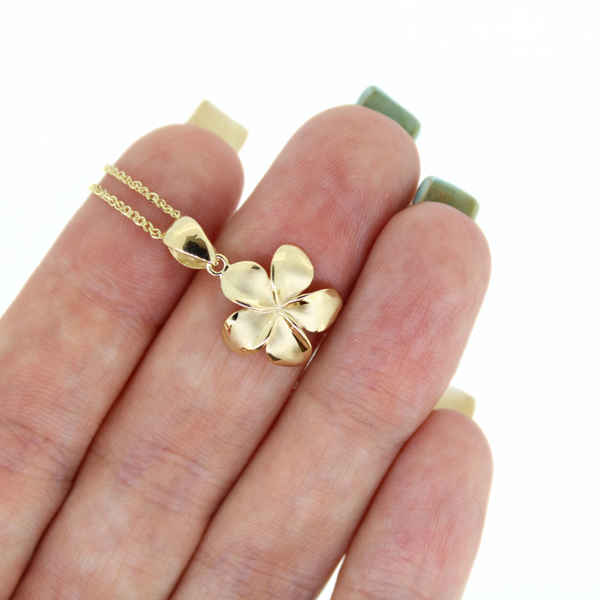 Brianne & Co 14k gold large plumeria on 18" baby rope chain