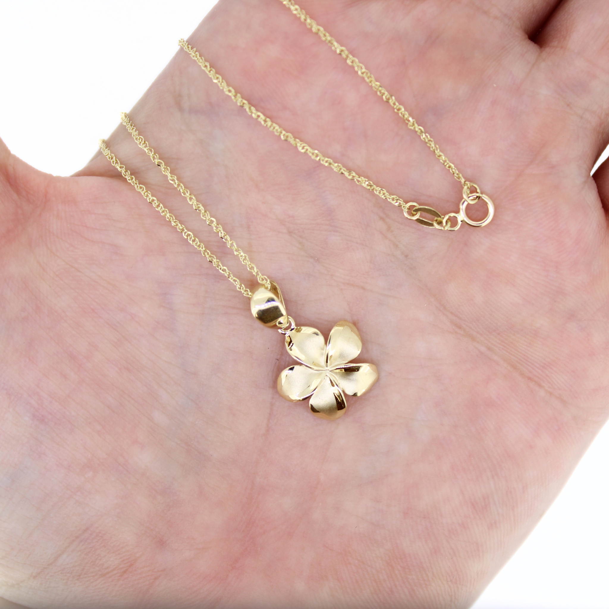 Brianne & Co 14k gold plumeria Pua Melia pendant made in Hawaii