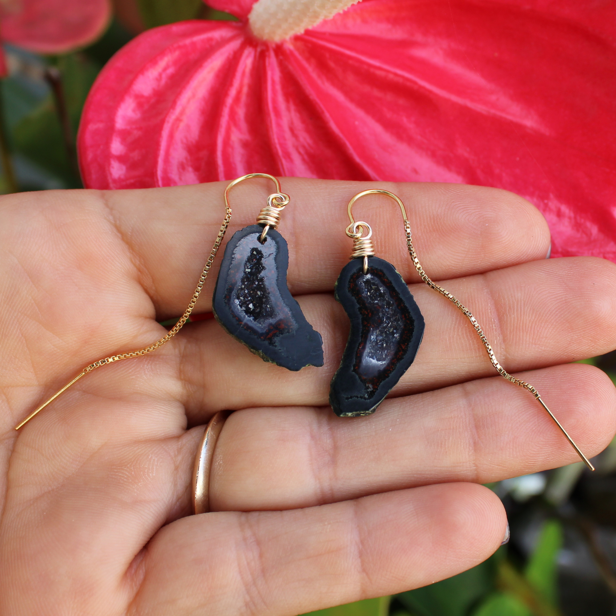 Brianne & Co. 14k gold fill threader style earrings featuring druzy geode gemstones