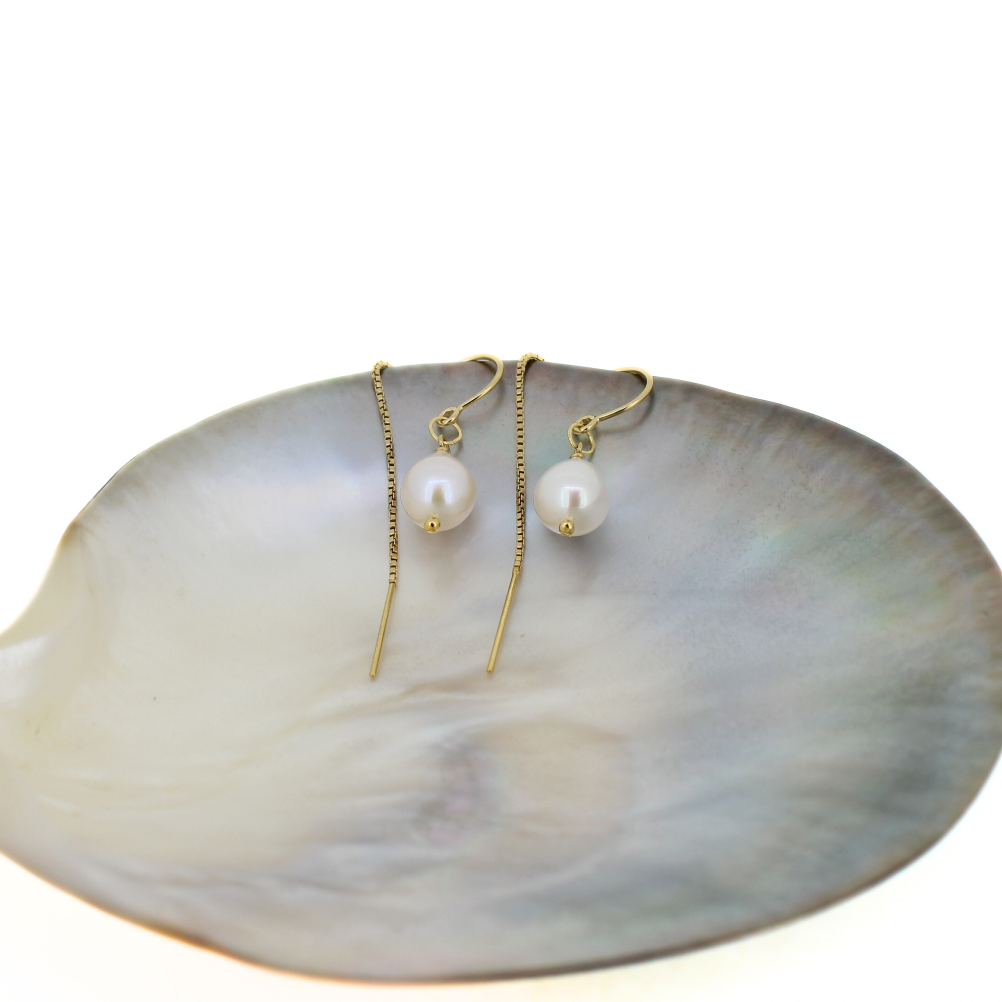 Gold White Fresh Water Pearl Threader Earrings
