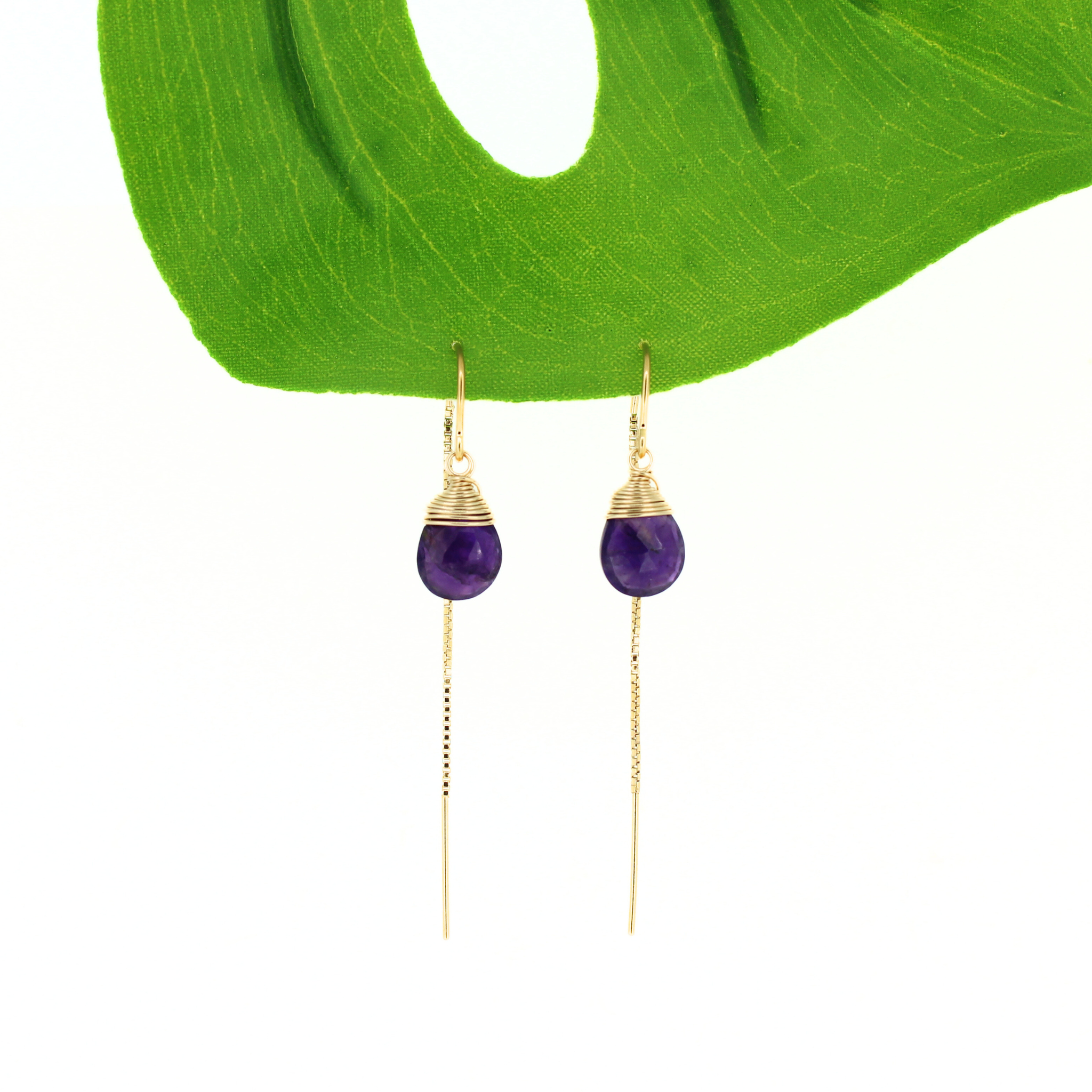 Brianne & Co. 14k gold fill threader style earrings with faceted purple amethyst gemstones