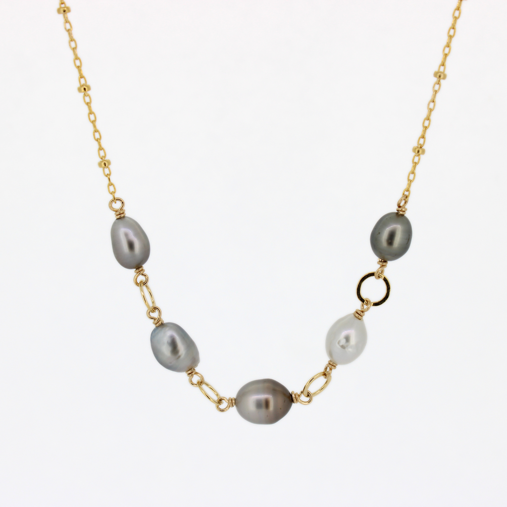Brianne & Co gold fill necklace with 5 Tahitian Keshi Pearls