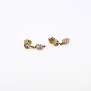 Brianne & Co gold fill cz studs with pink edison keshi pearls, side view