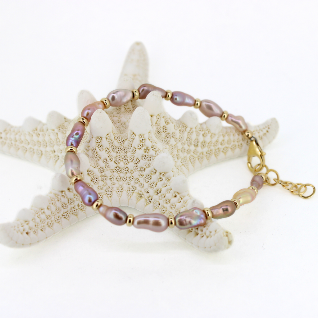 Brianne & Co gold fill bracelet with natural edison pearls in peach purple and pink