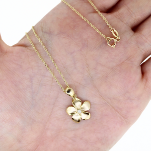 Brianne & Co handmade in Hawaii 14k gold large plumeria pendant with diamond on 18" rope chain