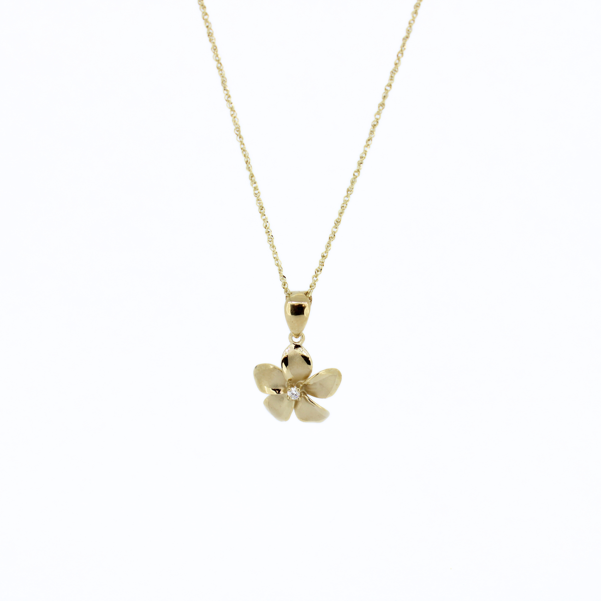 Brianne & Co 14k gold necklace with plumeria Pua Melia pendant with diamond