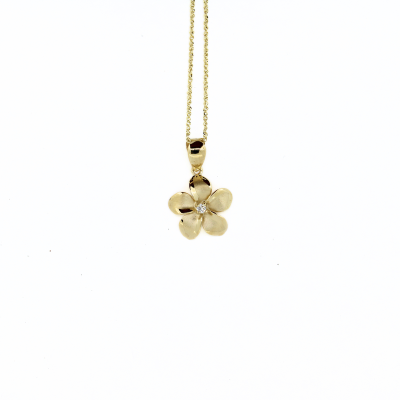 Brianne & Co handmade in Hawaii 14k gold large plumeria pendant with diamond on 18" rope chain
