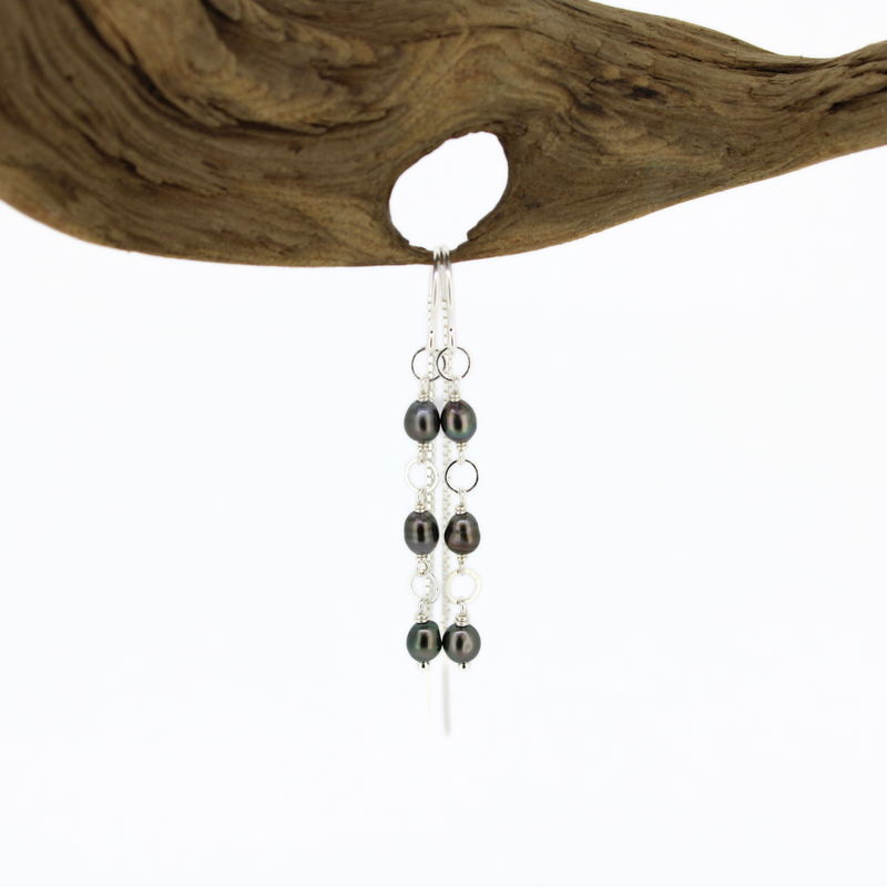Brianne & Co sterling silver tahitian keshi pearl threader earrings with chain detail