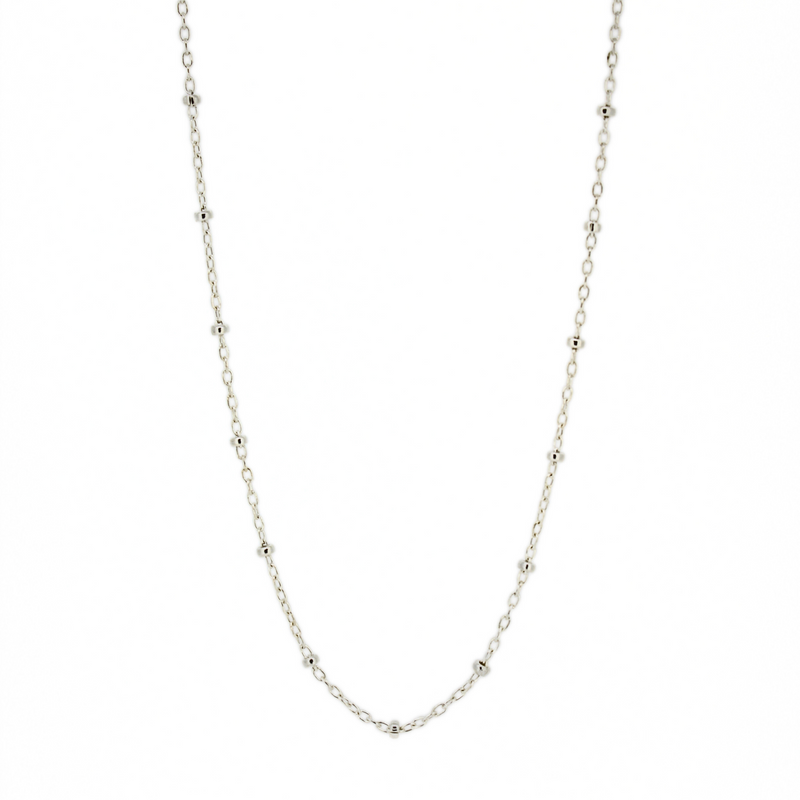 Brianne and Co. Sterling Silver Satellite Chain w/ 2mm beads hanging with a white background