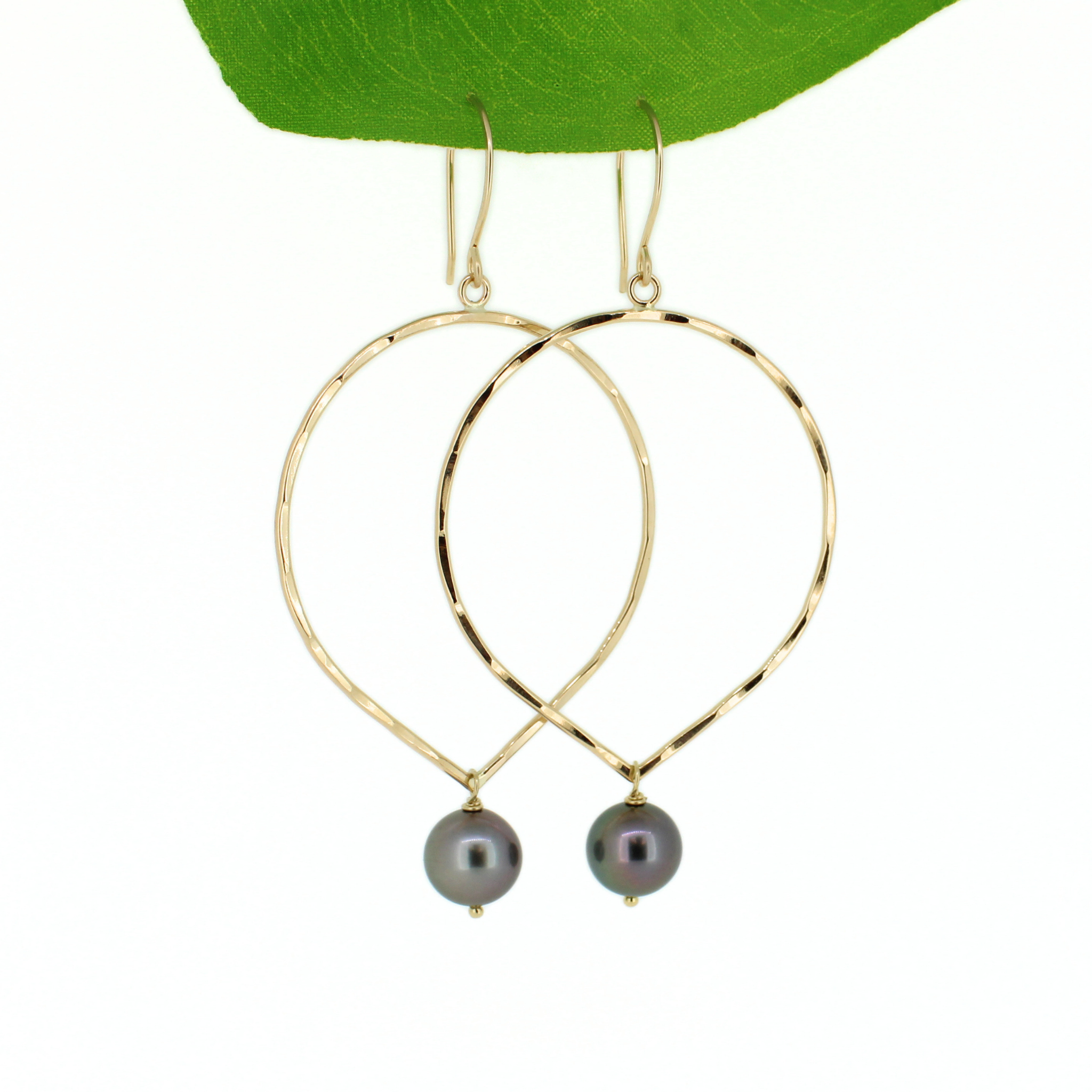 Brianne & Co. 14k gold fill tear drop hoop earrings featuring genuine Tahitian black pearls