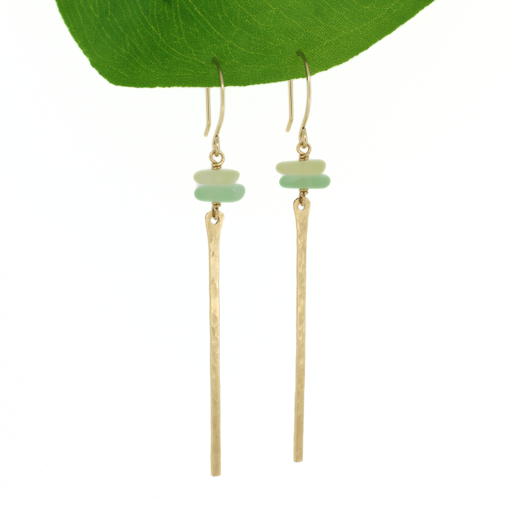 Brianne & Co. 4k gold fill hammered bar earrings with genuine sea glass