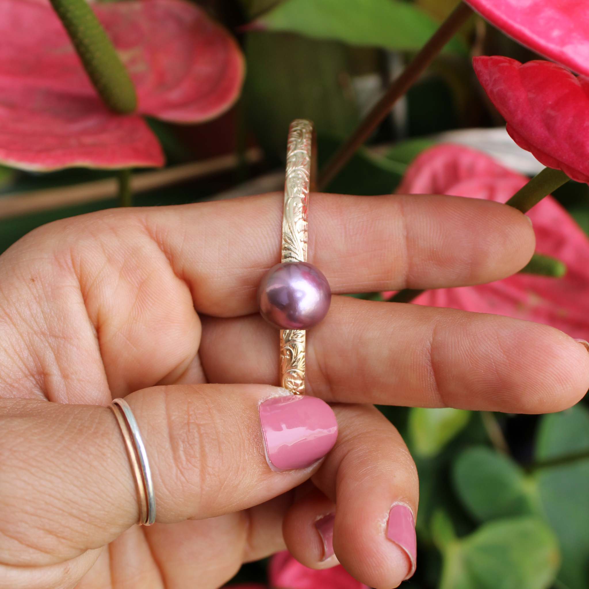 Gold Fill Purple Edison Pearl Heirloom Style Bangle Size 7.5