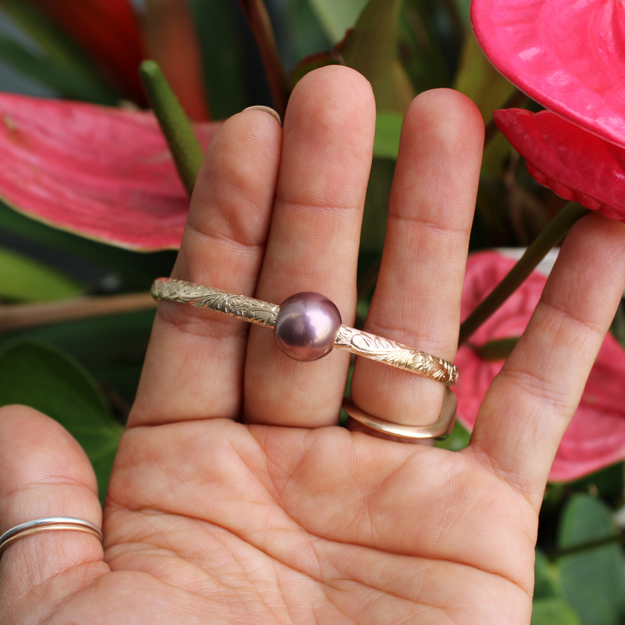 Gold Fill Purple Edison Pearl Heirloom Style Bangle Size 7.5