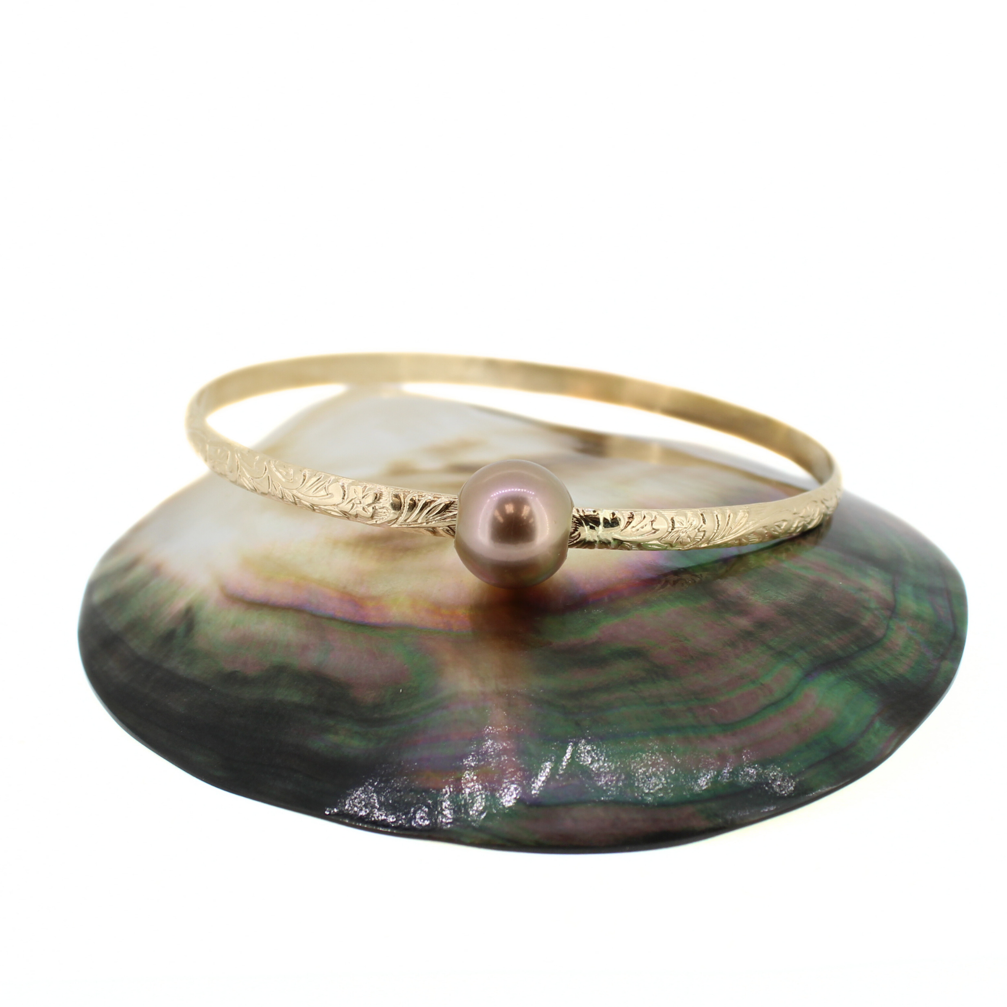 Brianne & Co. 14k gold fill heirloom style bangle with purple fresh water Edison pearl handmade in Kauai, Hawaii