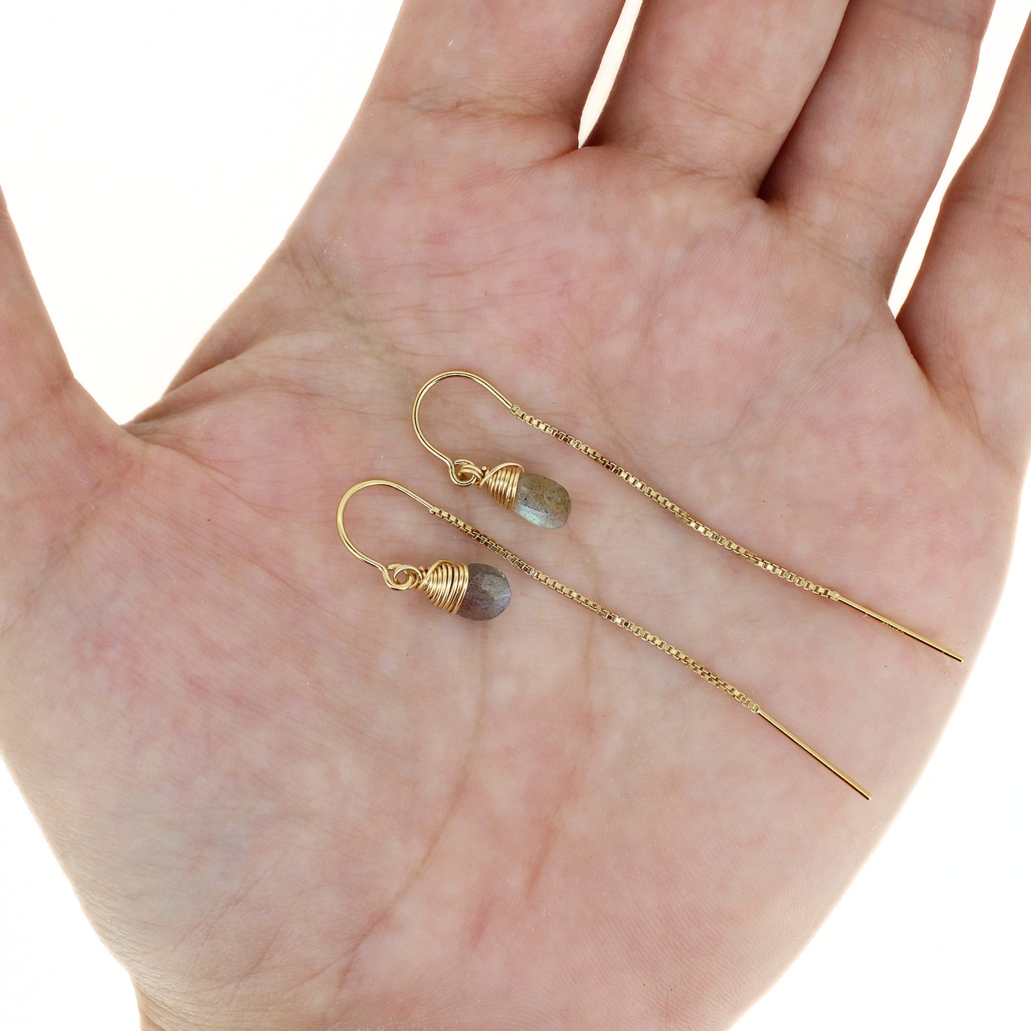 Brianne & Co. gold fill labradorite threader earrings on hand for size reference