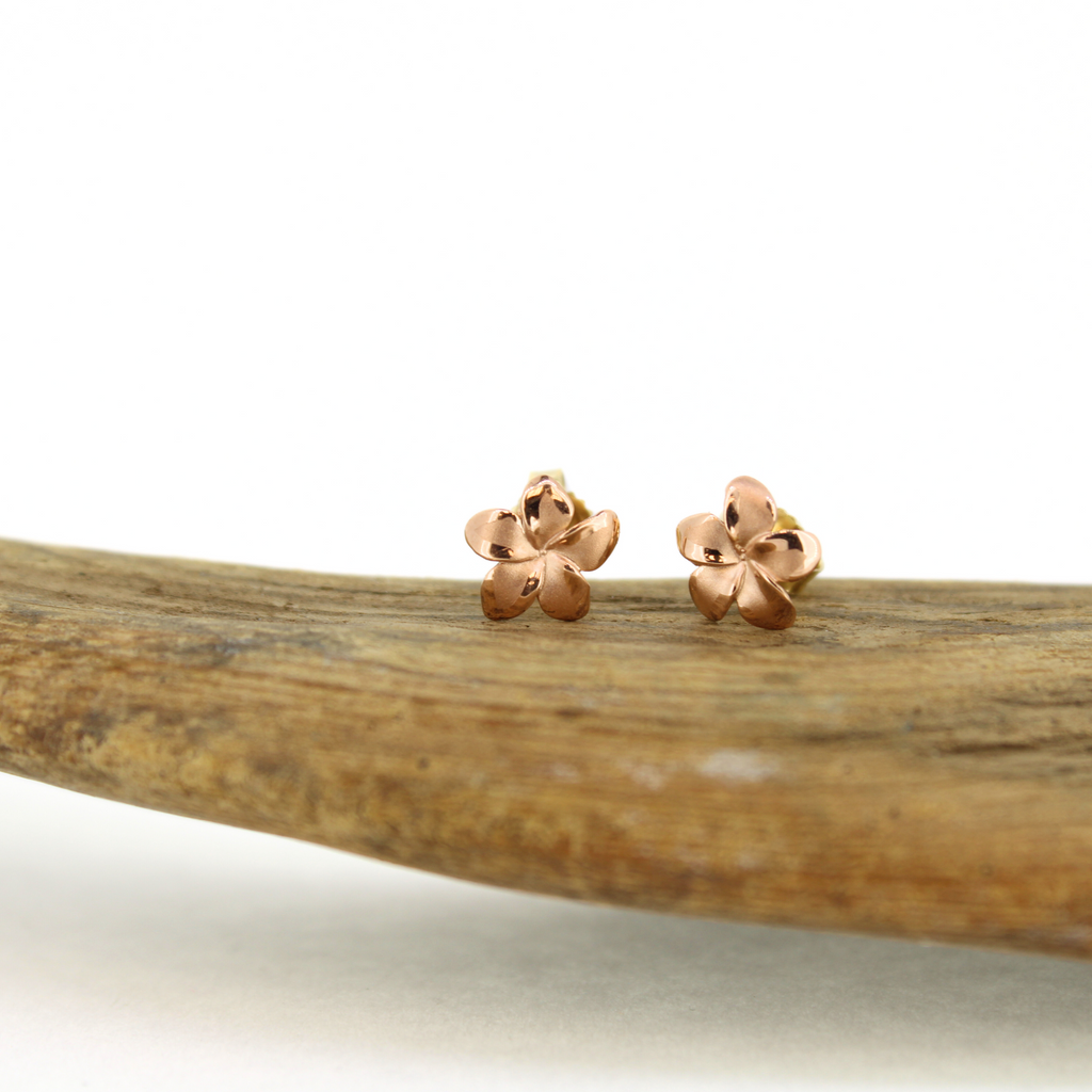 Brianne and Company plumeria flower earrings with matte finish on petals and shiny around edges