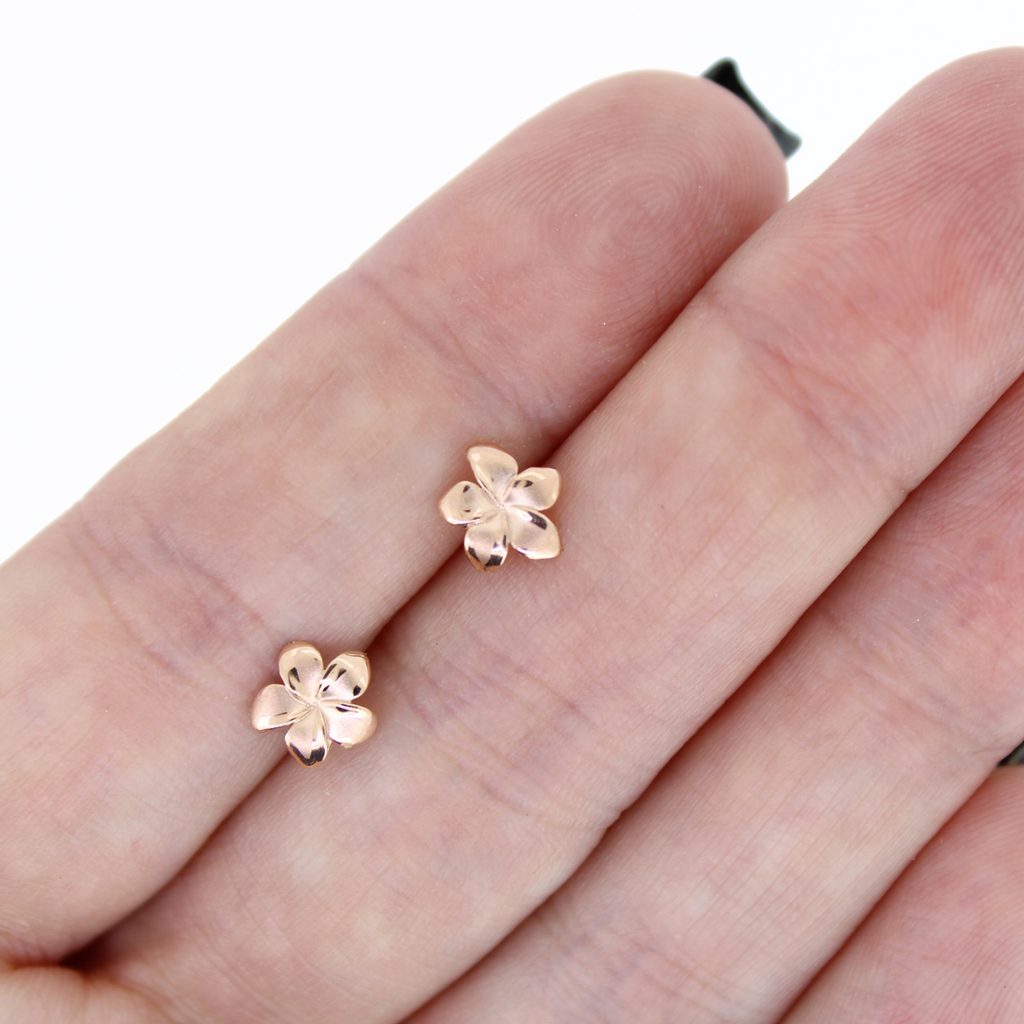 Brianne and Company 14k rose gold Pua Melia flower stud earrings handcrafted in Hawaii