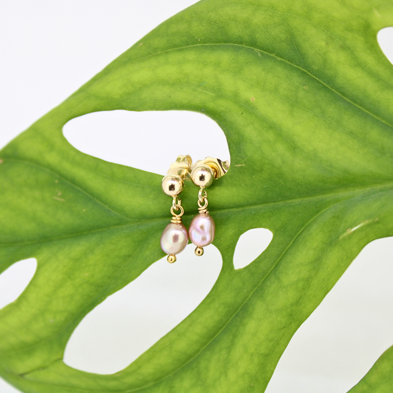 Gold Fill ball stud with Pink Edison Keshi Earrings
